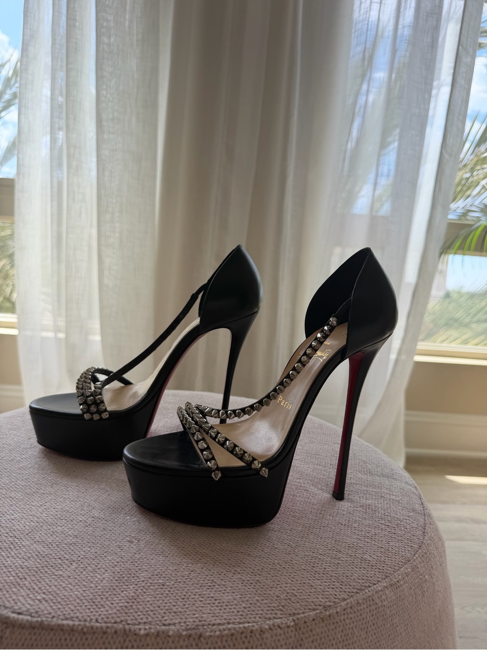 Christian Louboutin Black Leather Studded Platform Pumps with Red Soles - Picture 2 of 4